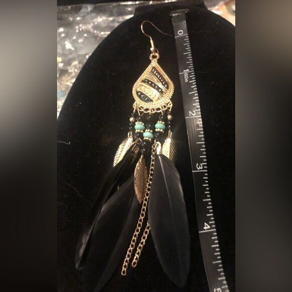 Black gold and teal bohemian feather drop earrings w dangle rope fringe tassel - Picture 3 of 7